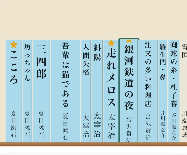 アプリの本棚。こころ・坊っちゃん・三四郎などの縦書きの背表紙が並び、★5の本には星の印、選んだ「銀河鉄道の夜」は枠で囲まれる