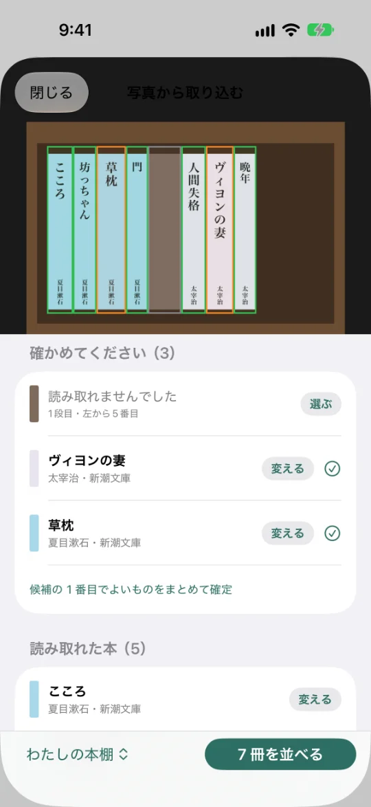 「写真から取り込む」の確認の画面。上に本棚の写真と背表紙ごとの枠（緑は読み取れた本、黄色は確かめてほしい本）。下に「確かめてください（3）」の一覧（読み取れませんでした・ヴィヨンの妻・草枕）と「読み取れた本（5）」、「7冊を並べる」のボタン